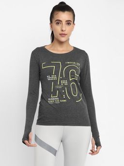 ap'pulse - Women Charcoal Round Neck Long Sleeve Thumbopen Printed T-Shirt