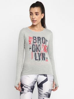 ap'pulse - Women Grey Round Neck Long Sleeve Thumbopen Printed T-Shirt