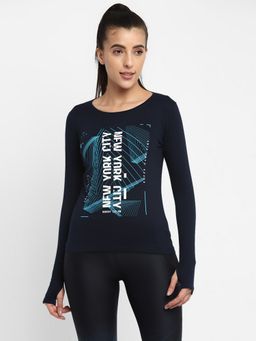 ap'pulse - Women Round Neck Navy Blue Full Sleeve Thumbopen Printed T-Shirt