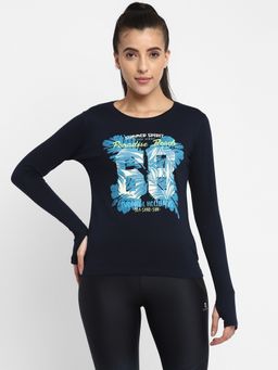 ap'pulse - Women Navy Blue Round Neck Long Sleeve Thumbopen Printed T-Shirt