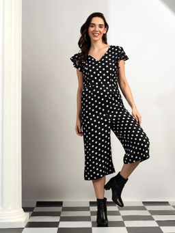 BRINNS - Black Women Polka Dots V-Neck Midi Jumpsuit