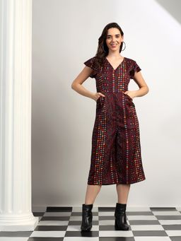 BRINNS - Maroon Women Geometric V-Neck Midi Jumpsuit