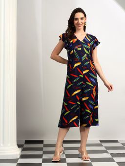 BRINNS - Navy Blue Women Printed V-Neck Midi Jumpsuit