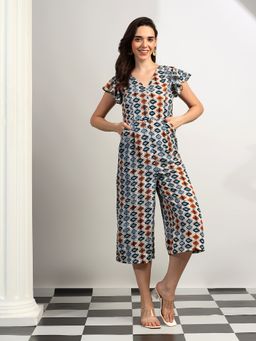 BRINNS - Multi-Color Women Geometric V-Neck Midi Jumpsuit
