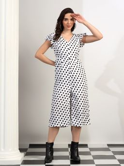 BRINNS - White Women Polka Dots V-Neck Midi Jumpsuit