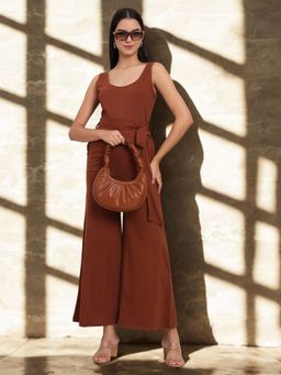 BRINNS - Brown Women Round Neck Sleeveless Jumpsuit with Belt