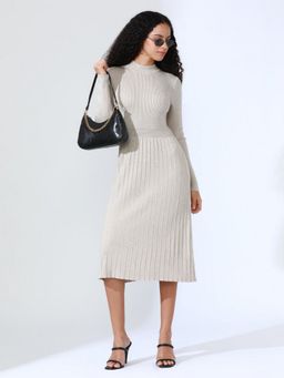 SHOWOFF - Women Beige Textured Midi Dress