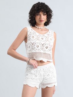 SHOWOFF - Women White Round Neck Self Design Top with Shorts