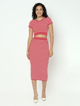 SHOWOFF - Women Pink Round Neck Stripes Top with Skirt