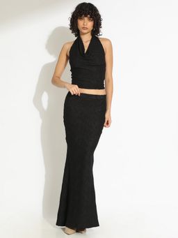 SHOWOFF - Women Black Halter Neck Textured Top with Skirt
