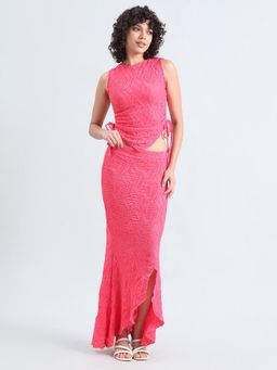 SHOWOFF - Women Pink Crew Neck Textured Top with Skirt