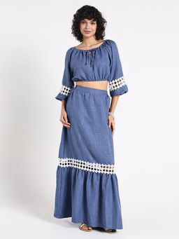 SHOWOFF - Women Blue Tie Up Neck Solid Top with Skirt