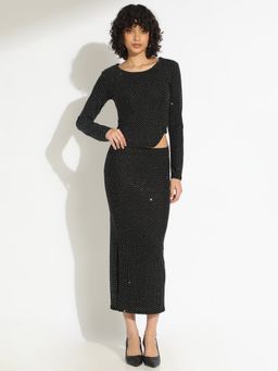 SHOWOFF - Women Black Round Neck Embellished/Sequined Top with Skirt