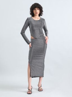 SHOWOFF - Women Grey Round Neck Embellished/Sequined Top with Skirt