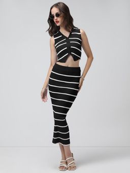 SHOWOFF - Women Black V-Neck Stripes Top with Skirt