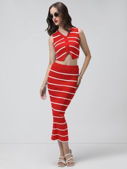 SHOWOFF - Women Red V-Neck Stripes Top with Skirt