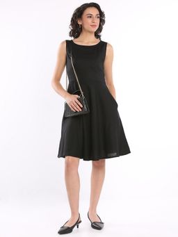 Gazillion - Elva Black Solid Cotton Knee Length Dress