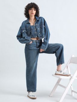 SHOWOFF - Women Blue Collar Neck Solid Top with Jacket with Pant