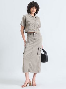 SHOWOFF - Women Grey Collar Neck Solid Top with Skirt
