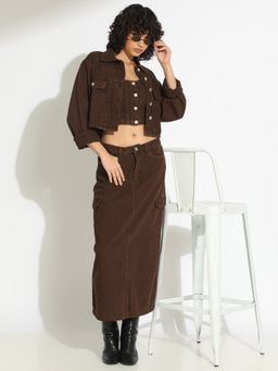 SHOWOFF - Women Brown Collar Neck Solid Top with Skirt with Jacket