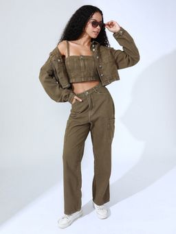SHOWOFF - Women Khaki Collar Neck Solid Top with Jacket with Pant