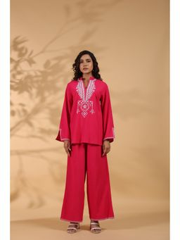 STIL-O-STITCH - Pink Embroidered Mandarin Neck Top and Pant