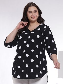 Amydus - Plus Size Black Polka Print V Neck Cotton Top