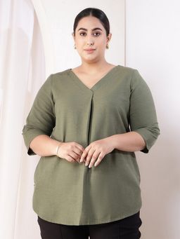 Amydus - Plus Size Olive Green V-Neck Cotton Linen Top