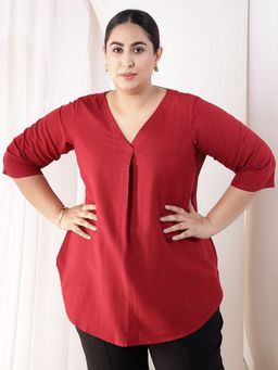 Amydus - Plus Size Maroon V-Neck Cotton Linen Top