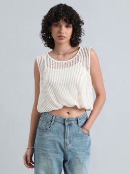 SHOWOFF - Women Off White Textured Crop Top with Attached Inner Top