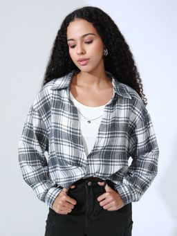 SHOWOFF - Women Gingham Checks Grey Shirt Style Top with Inner Tank Top and Chain