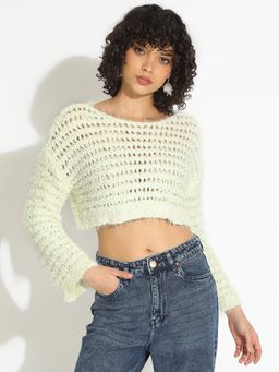 SHOWOFF - Women Textured Light Green Crop Top