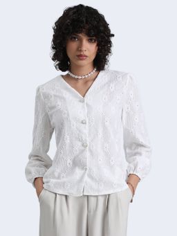 SHOWOFF - Women White Textured V-Neck Top with Button Details