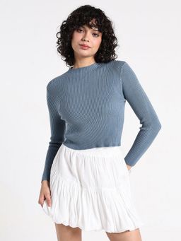 SHOWOFF - Women Blue Textured Crop Top