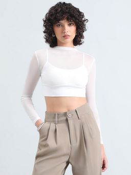 SHOWOFF - Women White High Neck Crop Top