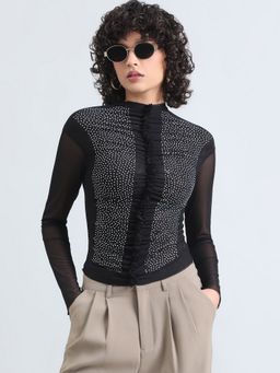 SHOWOFF - Women Embellished Black Fitted Top