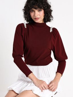 SHOWOFF - Women Embellished Maroon Fitted Top