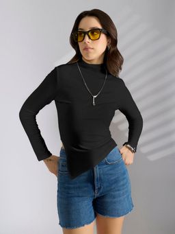 SHOWOFF - Women Black Asymmetric Hem Top with Neck Chain