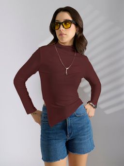 SHOWOFF - Women Maroon Asymmetric Hem Top with Neck Chain