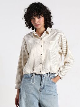 SHOWOFF - Women Pinstripes Cream Shirt Style Top