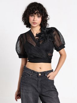SHOWOFF - Women Black Wrap Crop Top