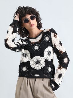 SHOWOFF - Women Floral Black Crochet Top