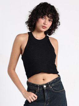 SHOWOFF - Women Black Textured Fitted Crop Top