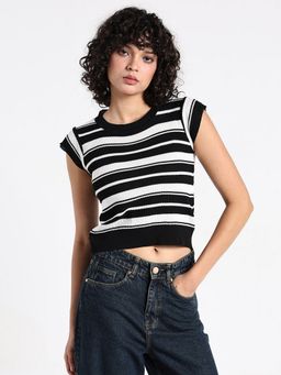 SHOWOFFFF - Women Striped Black Fitted Crop Top