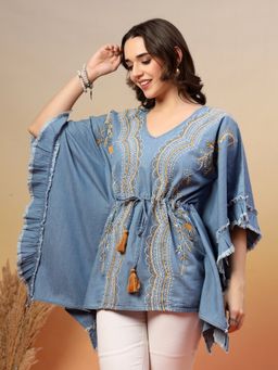 COSMIC TRIO - Blue Embroidered Denim Kaftan Top