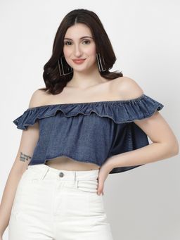 COSMIC TRIO - Navy Blue Off Shoulder Cotton Crop Top