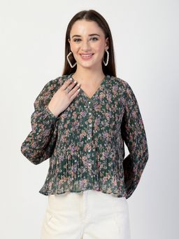 COSMIC TRIO - Green Printed Pleated Top