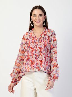 COSMIC TRIO - Orange Printed Pleated Top