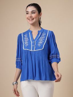 COSMIC TRIO - Blue Embroidered Lightweight Crinkled Top