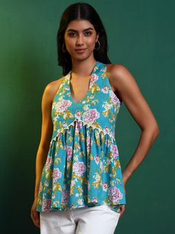 SALVIA SKY - Blue Cotton Floral Halter Neck Tunic Top